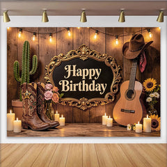 Lofaris Rustic Western Birthday Backdrop with Cowboy Boots, Cactus, and Guitar, Elegant Wooden Wall Photography Background for Party Decor