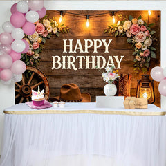 Lofaris Rustic Western Happy Birthday Backdrop with Cowboy Boots and Hat, Floral Wood String Lights Background for Party