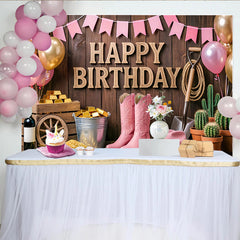 Lofaris Rustic Wood Pink Cowgirl Birthday Backdrop with Gold Balloons, Western Party Decor for Girls Photoshoot