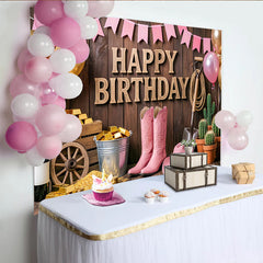 Lofaris Rustic Wood Pink Cowgirl Birthday Backdrop with Gold Balloons, Western Party Decor for Girls Photoshoot