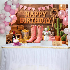 Lofaris Pink Cowgirl Happy Birthday Backdrop with Rustic Wood and Cacti, Western Themed Photo Booth Background for Girls Party Decoration