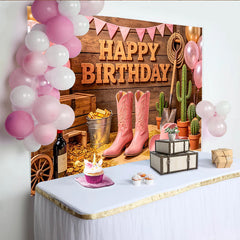 Lofaris Pink Cowgirl Happy Birthday Backdrop with Rustic Wood and Cacti, Western Themed Photo Booth Background for Girls Party Decoration