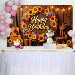 Lofaris Rustic Sunflower Cowboy Happy Birthday Backdrop with Guitar and Boots, Western Themed Party Background for Photoshoot Decoration