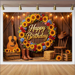 Lofaris Rustic Sunflower Cowboy Happy Birthday Backdrop with Guitar and Boots, Western Themed Party Background for Photoshoot Decoration