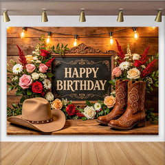 Lofaris Rustic Western Floral Happy Birthday Backdrop with Cowboy Hat and Boots, Wooden Background for Party Decoration