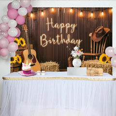 Lofaris Rustic Wood Country Happy Birthday Backdrop with Sunflowers and Guitar, Western Photo Background for Party Decor and Photoshoot