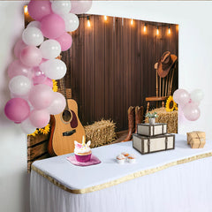 Lofaris Rustic Wooden Wall Western Photography Backdrop with String Lights and Guitar, Country Farm Photo Background for Studio Portrait