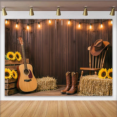 Lofaris Rustic Wooden Wall Western Photography Backdrop with String Lights and Guitar, Country Farm Photo Background for Studio Portrait