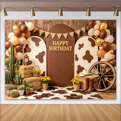 Lofaris Rustic Western Birthday Backdrop with Cowboy Theme, Balloons and Cacti, Farmhouse Style Photo Background for Party Decoration