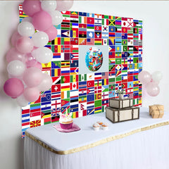 Lofaris Colorful World Flags Photography Backdrop with Globe Design, International Theme Background for Educational and Cultural Events
