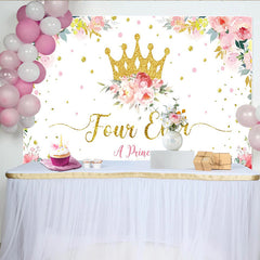 Lofaris Golden Glitter Crown Princess 4th Birthday Backdrop with Floral Design, White Party Background for Girls Photoshoot