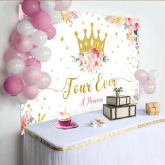 Lofaris Golden Glitter Crown Princess 4th Birthday Backdrop with Floral Design, White Party Background for Girls Photoshoot