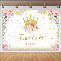 Lofaris Golden Glitter Crown Princess 4th Birthday Backdrop with Floral Design, White Party Background for Girls Photoshoot
