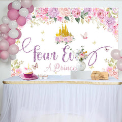 Lofaris Pink Purple Floral Princess 4th Birthday Backdrop with Golden Castle, Glittery four Ever A Princess Background for Girls Party Decor