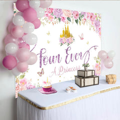 Lofaris Pink Purple Floral Princess 4th Birthday Backdrop with Golden Castle, Glittery four Ever A Princess Background for Girls Party Decor