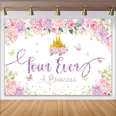 Lofaris Pink Purple Floral Princess 4th Birthday Backdrop with Golden Castle, Glittery four Ever A Princess Background for Girls Party Decor