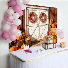 Lofaris Rustic Barn Door Thanksgiving Backdrop with Pumpkins and Autumn Wreaths, Fall Harvest Photography Background for Seasonal Decor