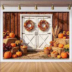 Lofaris Rustic Barn Door Thanksgiving Backdrop with Pumpkins and Autumn Wreaths, Fall Harvest Photography Background for Seasonal Decor
