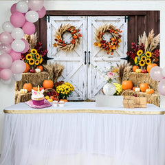 Lofaris Rustic Autumn Barn Door Backdrop with Pumpkins, Sunflowers and Fall Wreaths, Farmhouse Harvest Photography Background Prop