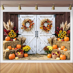 Lofaris Rustic Autumn Barn Door Backdrop with Pumpkins, Sunflowers and Fall Wreaths, Farmhouse Harvest Photography Background Prop