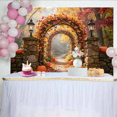 Lofaris Vibrant Fall Leaves and Pumpkins Autumn Photography Backdrop, Picturesque Stone Lanterns Background for Seasonal Photoshoots