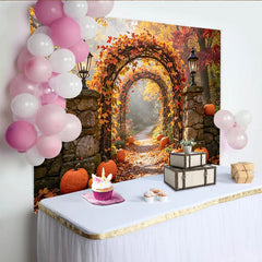 Lofaris Vibrant Fall Leaves and Pumpkins Autumn Photography Backdrop, Picturesque Stone Lanterns Background for Seasonal Photoshoots