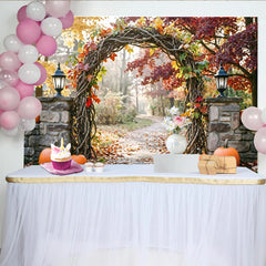 Lofaris Vibrant Autumn Archway Holiday Backdrop with Fall Leaves and Pumpkins, Scenic Photography Background for Harvest Party Decor