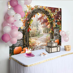 Lofaris Vibrant Autumn Archway Holiday Backdrop with Fall Leaves and Pumpkins, Scenic Photography Background for Harvest Party Decor
