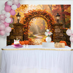 Lofaris Autumn Pumpkin Archway Backdrop with Orange Leaves and Lanterns, Fall Holiday Photography Background for Party Decor