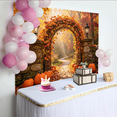 Lofaris Autumn Pumpkin Archway Backdrop with Orange Leaves and Lanterns, Fall Holiday Photography Background for Party Decor