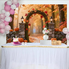 Lofaris Autumn Photography Backdrop with Fall Leaves and Pumpkins, Rustic Archway Studio Background for Seasonal Photoshoot