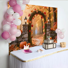Lofaris Autumn Photography Backdrop with Fall Leaves and Pumpkins, Rustic Archway Studio Background for Seasonal Photoshoot