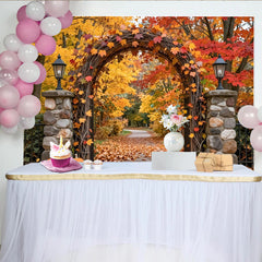Lofaris Vibrant Autumn Leaves Photography Backdrop with Rustic Archway and Pumpkins, Fall Foliage Studio Background for Photoshoot