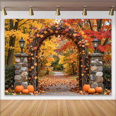 Lofaris Vibrant Autumn Leaves Photography Backdrop with Rustic Archway and Pumpkins, Fall Foliage Studio Background for Photoshoot