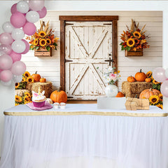 Lofaris Rustic White Barn Door Autumn Backdrop with Sunflowers and Pumpkins, Harvest Festival Photography Background for Fall Party Decor