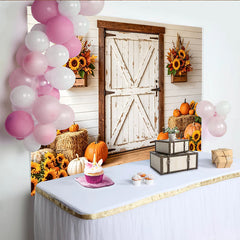 Lofaris Rustic White Barn Door Autumn Backdrop with Sunflowers and Pumpkins, Harvest Festival Photography Background for Fall Party Decor
