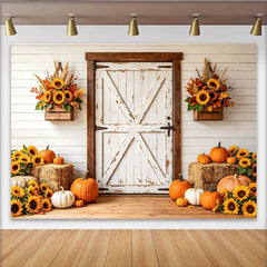 Lofaris Rustic White Barn Door Autumn Backdrop with Sunflowers and Pumpkins, Harvest Festival Photography Background for Fall Party Decor
