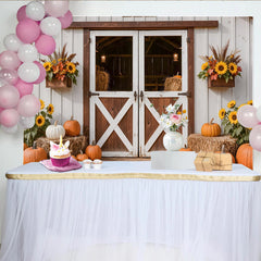 Lofaris Rustic Autumn Holiday Backdrop with Barn Door, Pumpkins, and Sunflowers, Fall Harvest Photography Background for Seasonal Decor
