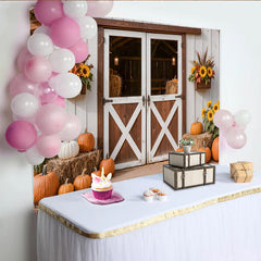 Lofaris Rustic Autumn Holiday Backdrop with Barn Door, Pumpkins, and Sunflowers, Fall Harvest Photography Background for Seasonal Decor