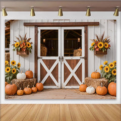 Lofaris Rustic Autumn Holiday Backdrop with Barn Door, Pumpkins, and Sunflowers, Fall Harvest Photography Background for Seasonal Decor