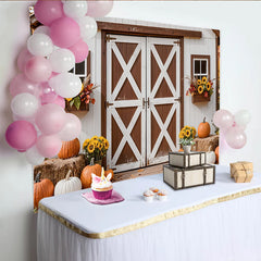 Lofaris White Barn Autumn Harvest Photography Backdrop with Pumpkins and Sunflowers, Rustic Farmhouse Background for Fall Photoshoot