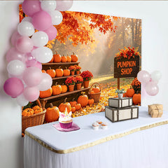 Lofaris Vibrant Autumn Pumpkin Shop Backdrop with Fall Leaves, Seasonal Harvest Photography Background for Fall Festival Decor