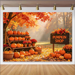 Lofaris Vibrant Autumn Pumpkin Shop Backdrop with Fall Leaves, Seasonal Harvest Photography Background for Fall Festival Decor