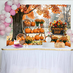 Lofaris Autumn Fall Pumpkin Shop Backdrop with Orange Leaves, Harvest Decor Outdoor Scene Background for Seasonal Photoshoot.