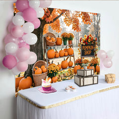 Lofaris Autumn Fall Pumpkin Shop Backdrop with Orange Leaves, Harvest Decor Outdoor Scene Background for Seasonal Photoshoot.