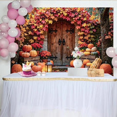 Lofaris Vibrant Autumn Harvest Photography Backdrop with Pumpkins and Fall Leaves, Rustic Wooden Door Background for Seasonal Portraits