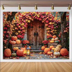 Lofaris Vibrant Autumn Harvest Photography Backdrop with Pumpkins and Fall Leaves, Rustic Wooden Door Background for Seasonal Portraits