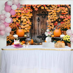 Lofaris Rustic Wooden Door Autumn Backdrop with Pumpkins and Fall Leaves, Harvest Festival Background for Thanksgiving or Halloween Party Decor