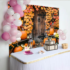 Lofaris Rustic Wooden Door Autumn Backdrop with Pumpkins and Fall Leaves, Harvest Festival Background for Thanksgiving or Halloween Party Decor