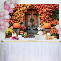Lofaris Rustic Autumn Harvest Holiday Backdrop with Pumpkins and Fall Leaves, Wooden Door Photography Background for Seasonal Decor